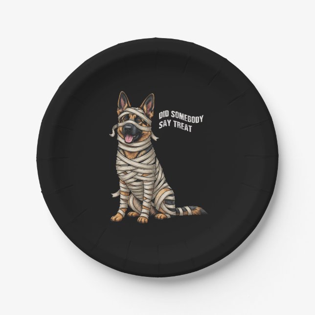 German Shepherd Mummy Halloween Dog  Paper Plate (Front)