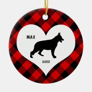 German Shepherd name + date Red Plaid Ceramic Tree Decoration