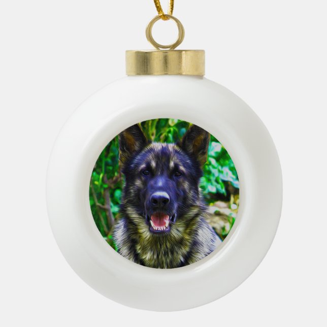 German Shepherd Oil Painting Portrait Ceramic Ball Christmas Ornament (Front)