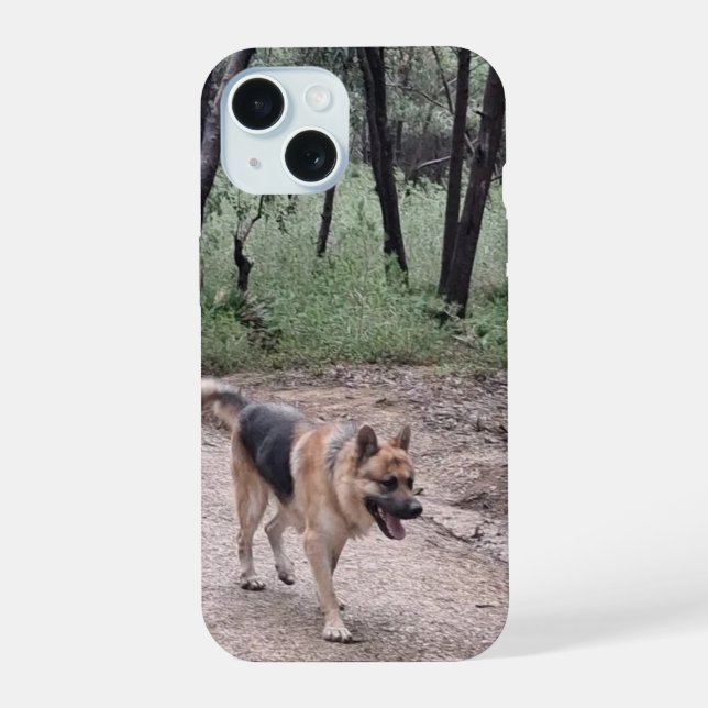 German Shepherd on a Forest Trail iPhone 15 Case (Back)