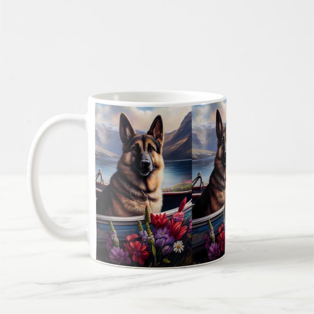 German Shepherd on a Paddle: A Scenic Adventure Coffee Mug (Left)