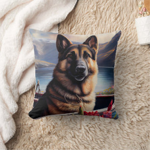 German Shepherd on a Paddle: A Scenic Adventure  Cushion