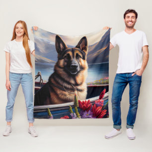 German Shepherd on a Paddle: A Scenic Adventure Fleece Blanket