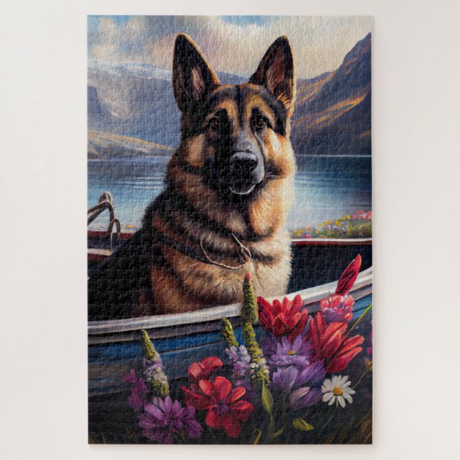German Shepherd on a Paddle: A Scenic Adventure Jigsaw Puzzle (Vertical)