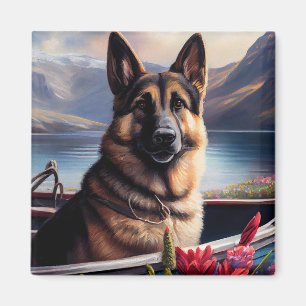 German Shepherd on a Paddle: A Scenic Adventure Magnet