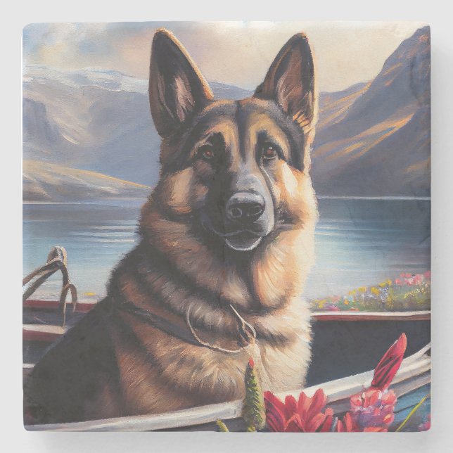 German Shepherd on a Paddle: A Scenic Adventure Stone Coaster (Front)