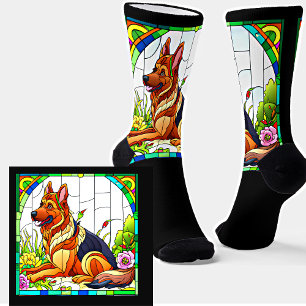 German Shepherd on Stained Glass on Black Socks
