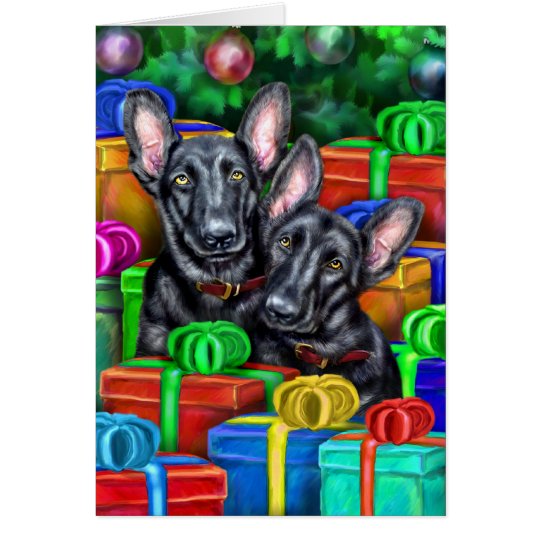 German Shepherd Open Gifts Blk Christmas Card