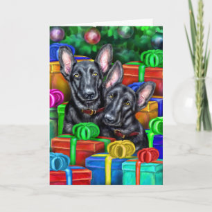 German Shepherd Open Gifts Blk Christmas Holiday Card
