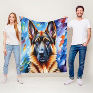 German Shepherd Painting Blue Background Fleece Blanket