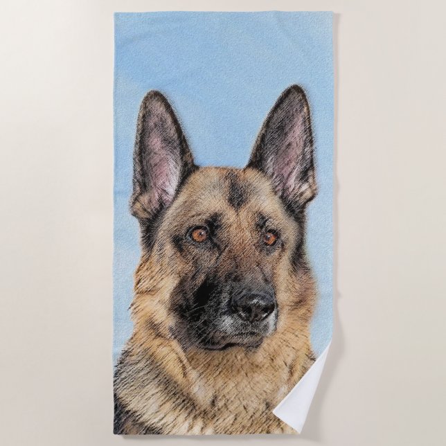 German Shepherd Painting - Cute Original Dog Art Beach Towel (Front)