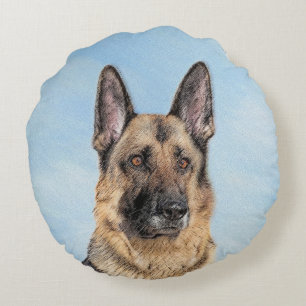 German Shepherd Painting - Cute Original Dog Art Round Cushion