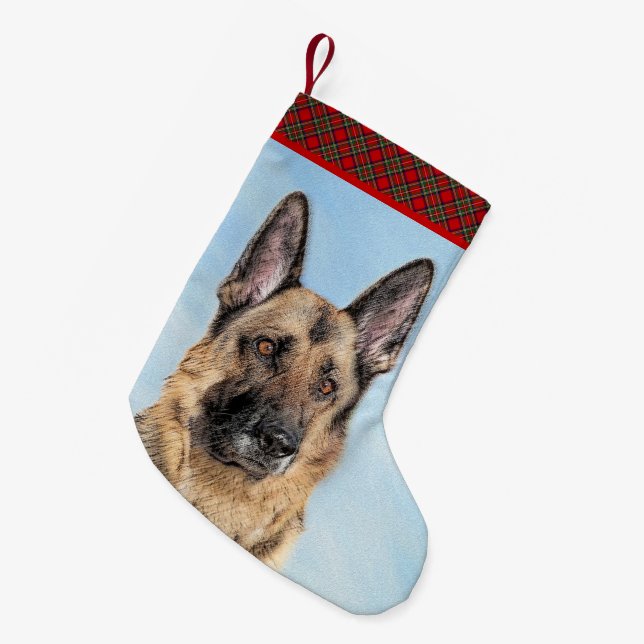 German Shepherd Painting - Cute Original Dog Art Small Christmas Stocking (Front (Hanging))