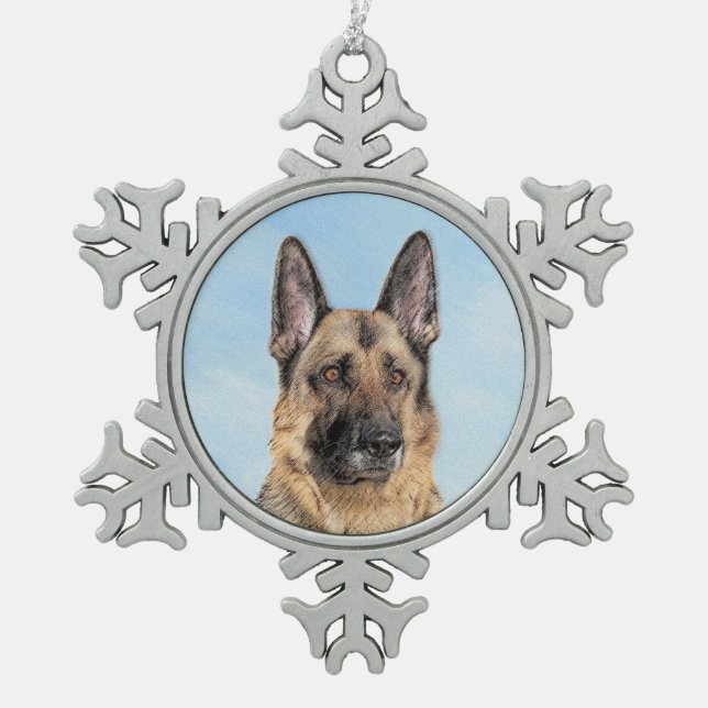 German Shepherd Painting - Cute Original Dog Art Snowflake Pewter Christmas Ornament (Front)