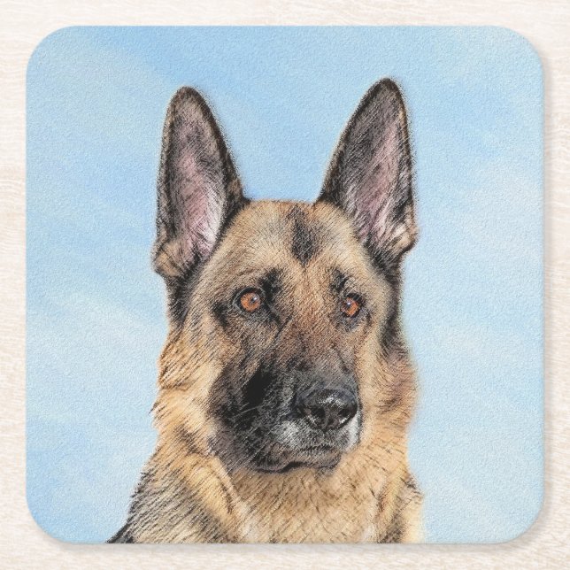German Shepherd Painting - Cute Original Dog Art Square Paper Coaster (Front)