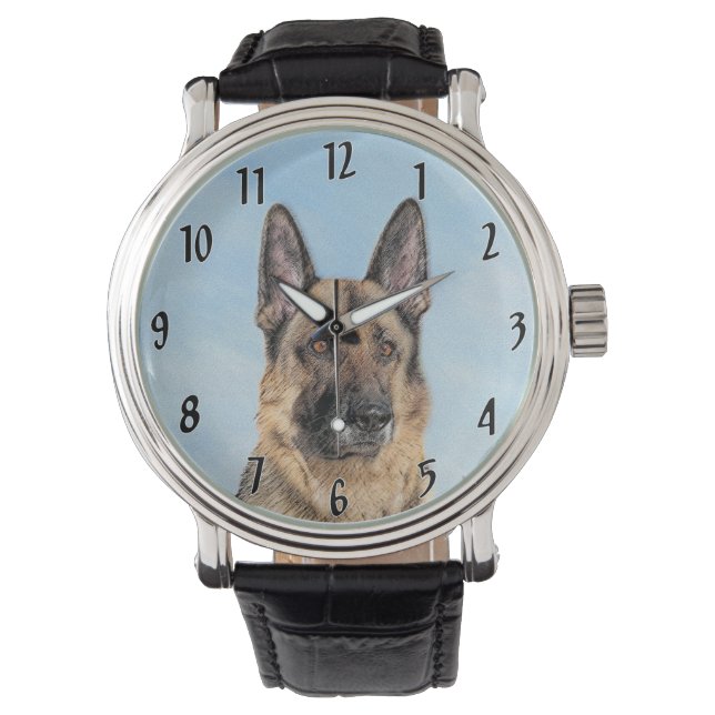 German Shepherd Painting - Cute Original Dog Art Watch (Front)