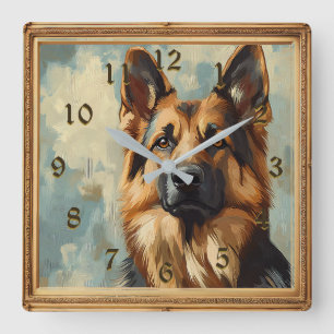 German Shepherd Painting Look Square Wall Clock