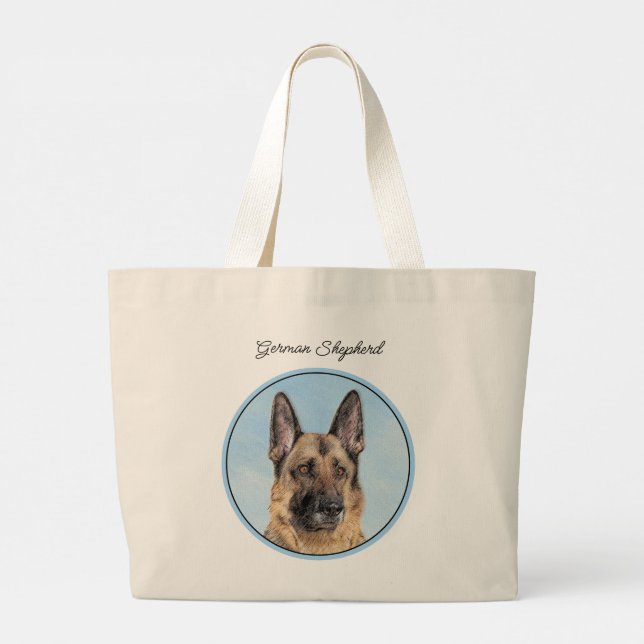 German Shepherd Painting Tan Cute Original Dog Art Large Tote Bag (Back)