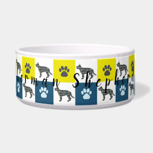German Shepherd & Paw Yellow & Blue Grid Dog Bowl
