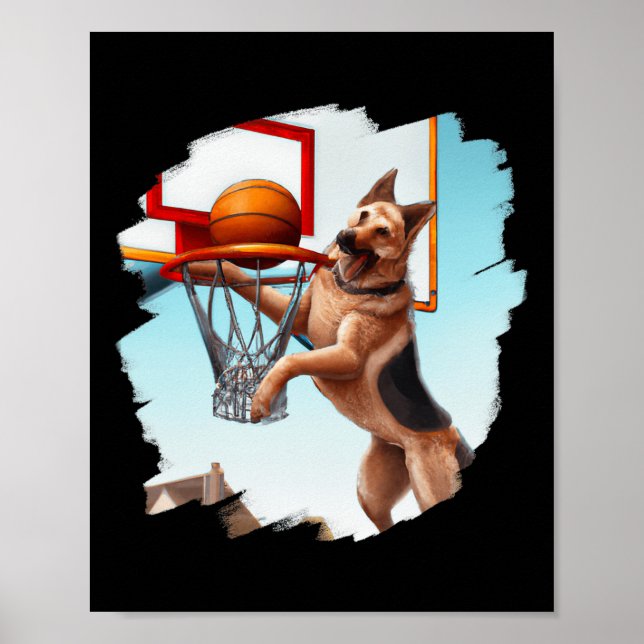 German Shepherd Playing Basketball Fun Dog Basketb Poster (Front)