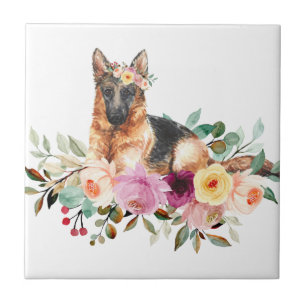 German Shepherd Playing in Flowers Ceramic Tiles