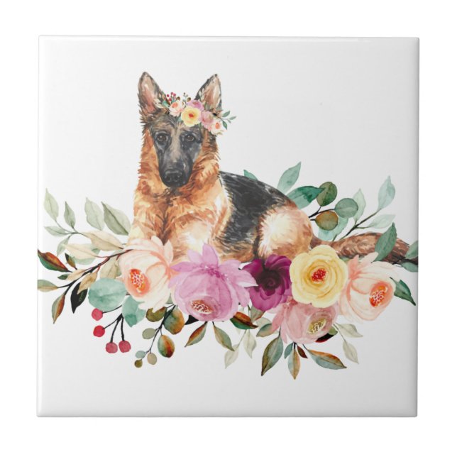 German Shepherd Playing in Flowers Ceramic Tiles (Front)