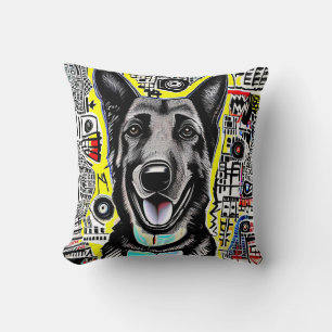 German Shepherd Pop Art with GSD, Yellow Red Blue  Cushion