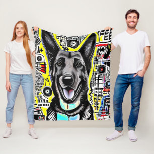 German Shepherd Pop Art with GSD, Yellow Red Blue  Fleece Blanket