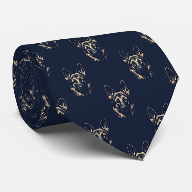 German Shepherd Portrait Navy Necktie (Rolled)