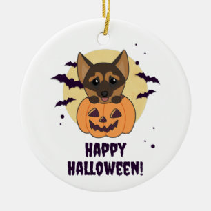 German Shepherd Pumpkin Dogs Happy Halloween Ceram Ceramic Tree Decoration