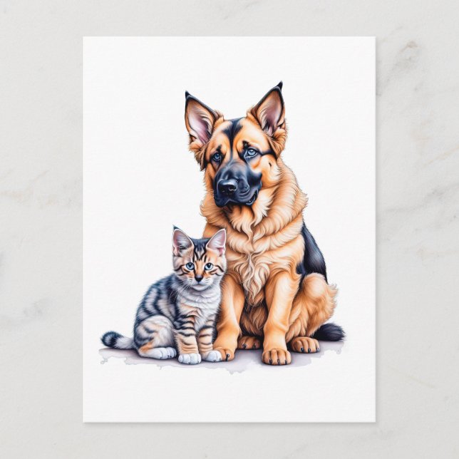 German Shepherd Puppy And Maincoon Kitten Postcard (Front)