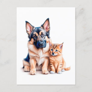 German Shepherd Puppy And Maincoon Kitten Postcard