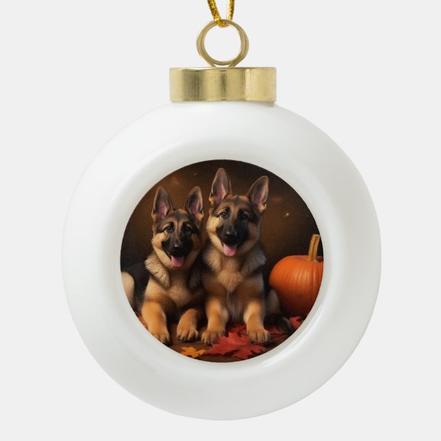 German Shepherd Puppy Autumn Delight Pumpkin  Ceramic Ball Christmas Ornament (Front)
