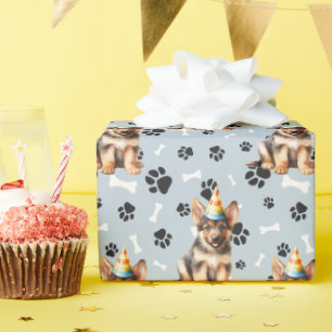 German Shepherd Puppy Birthday Paw Print  Wrapping Paper