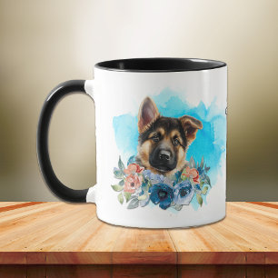 German Shepherd Puppy Blue Floral Mug