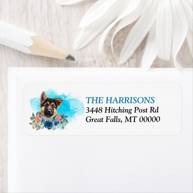 German Shepherd Puppy Blue Floral Return Address (Insitu)