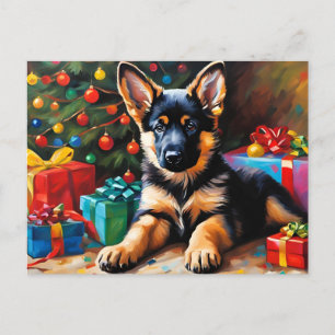 German Shepherd Puppy, Christmas Tree, Presents  Holiday Postcard