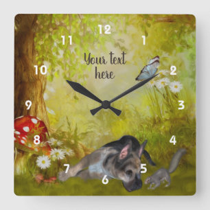 German Shepherd Puppy Fantasy Personalised Square Wall Clock