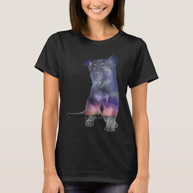 German Shepherd Puppy Galaxy Double Exposure T-Shirt (Front)