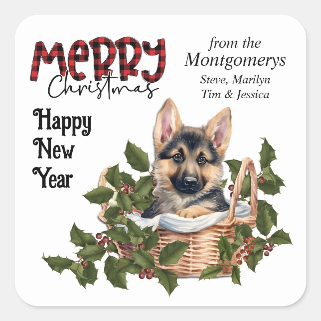 German Shepherd Puppy Holly Basket Christmas Square Sticker (Front)