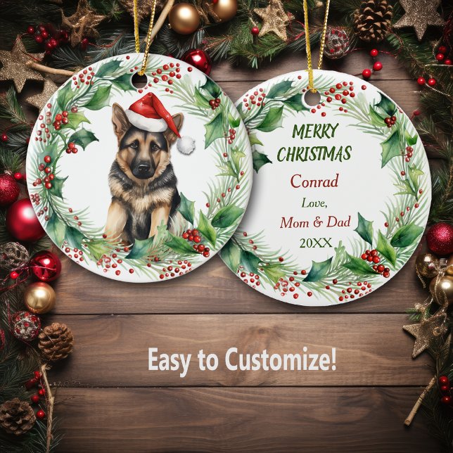  German Shepherd Puppy Holly Wreath Christmas Ceramic Tree Decoration (Creator Uploaded)