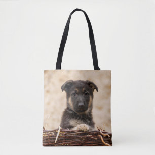 German Shepherd Puppy In Basket Tote Bag