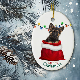 German Shepherd Puppy in Gift Bag Christmas Ceramic Tree Decoration