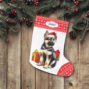 German Shepherd Puppy Santa Hat Snowflake Large Christmas Stocking