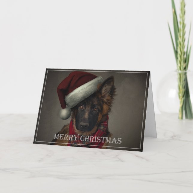 German shepherd puppy santa holiday card. card (Front)