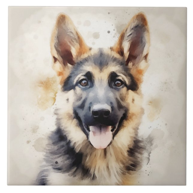 German Shepherd Puppy, Watercolor art Tile (Front)