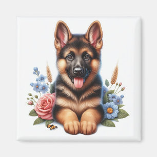 German Shepherd Puppy with Flowers Magnet