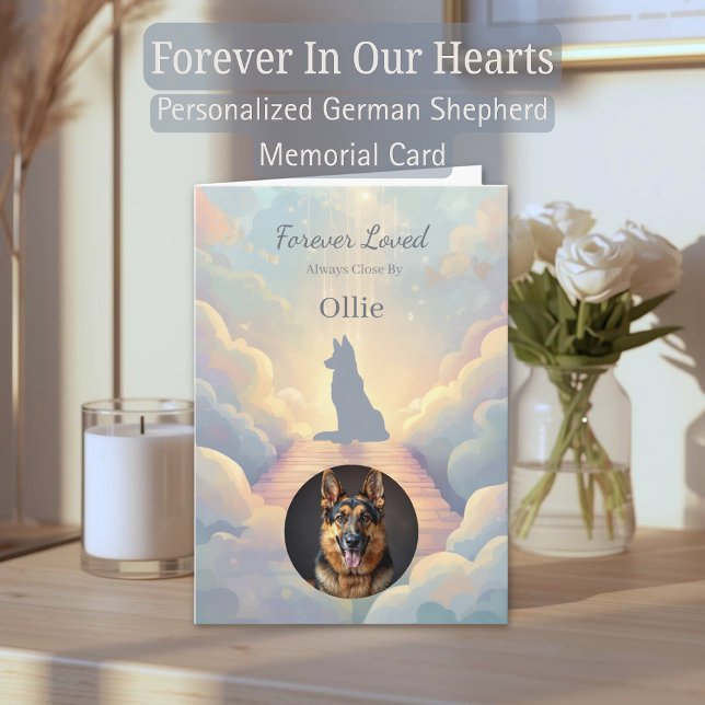 German Shepherd Rainbow Bridge Sympathy Card (Personalized German Shepherd memorial card with custom photo and Rainbow Bridge artwork.)