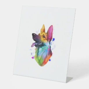 German Shepherd Rainbow Watercolor Paint Splatter Pedestal Sign