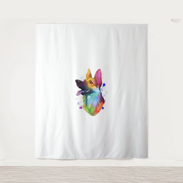 German Shepherd Rainbow Watercolor Paint Splatter  Tapestry (Front)